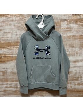 Girl’s Under Armour Rival Fleece Opal Green Hoodie with Front Logo in Size YSM
